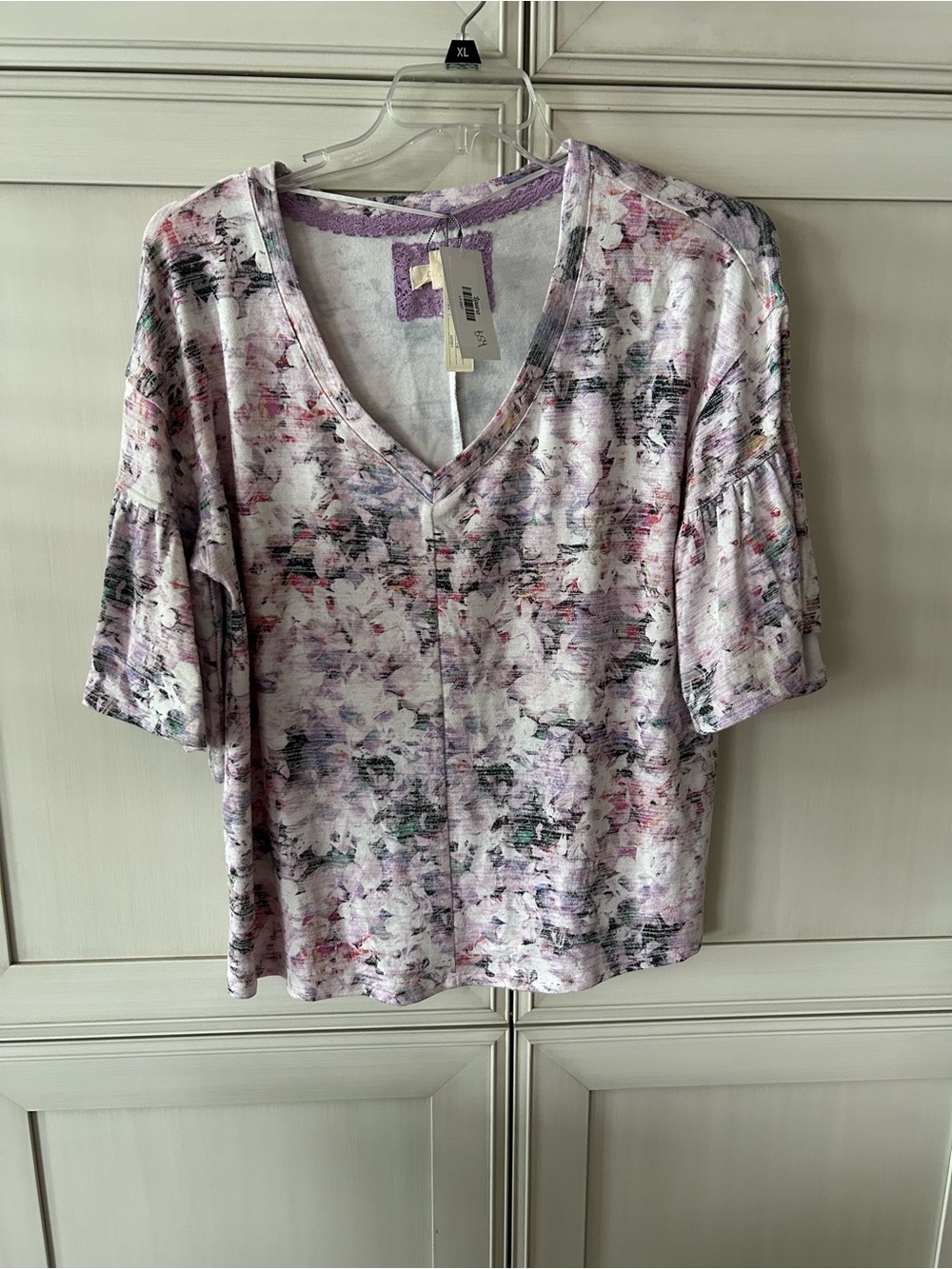 Cupio Lavender Floral V-Neck Bell Short Sleeve Top